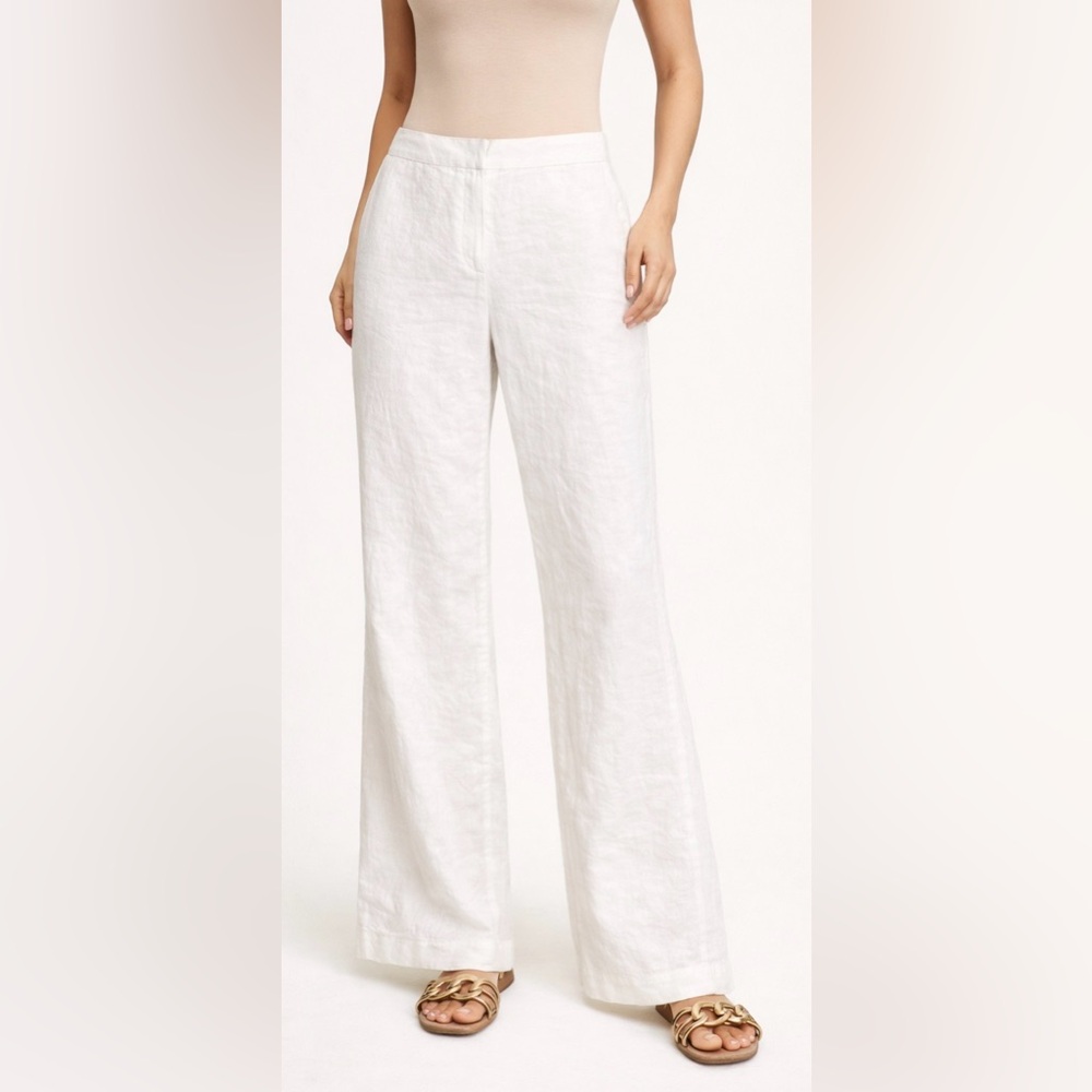 Isaac Mizrahi Linen‎ Wide Leg Pants White Back Pockets Classic Minimalist Simple